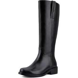 Women's Black Square Toe Chunky Heel Slip-on Pu Leather Knee-high Boots